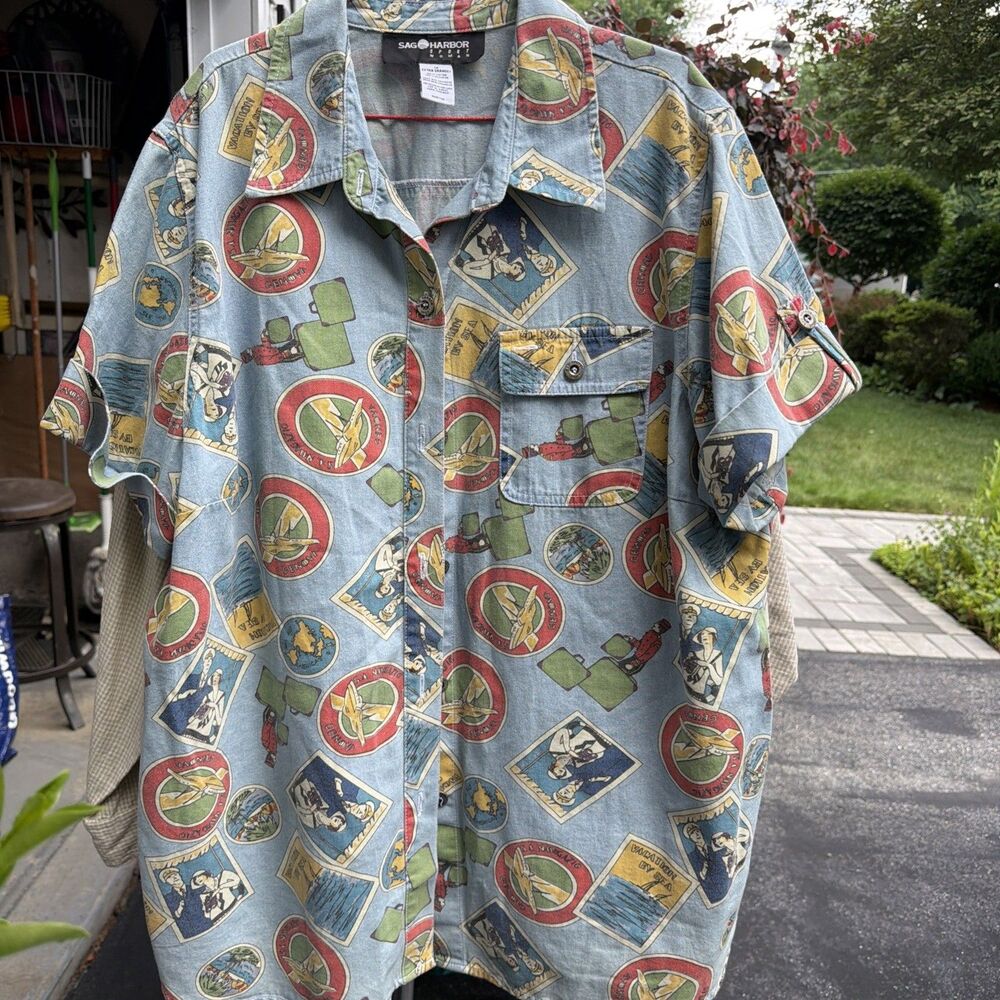Vintage 1990s Sag Harbor Sport Travel Print Short Sleeve Denim Shirt Size 1X-